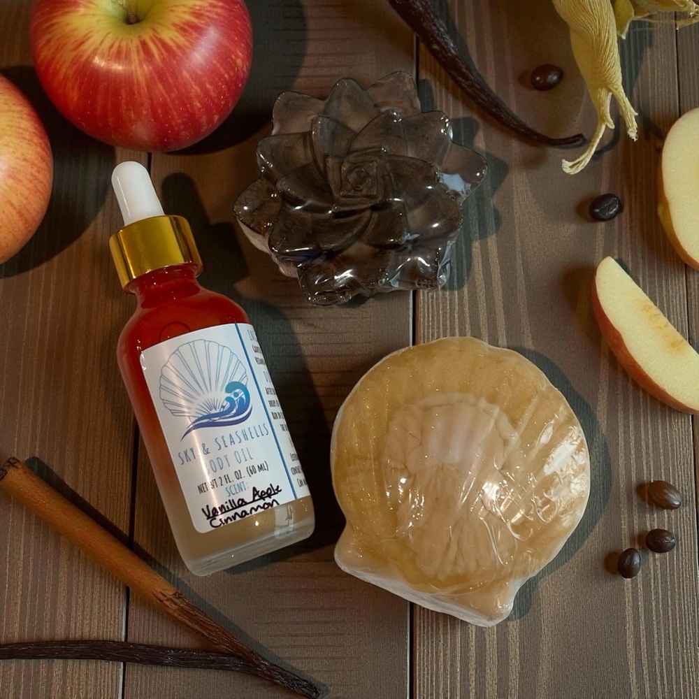 Hand Crafted “Warm & Cozy Treats” Bundle - 1 Body Oil + 2 Aloe Vera Soaps
